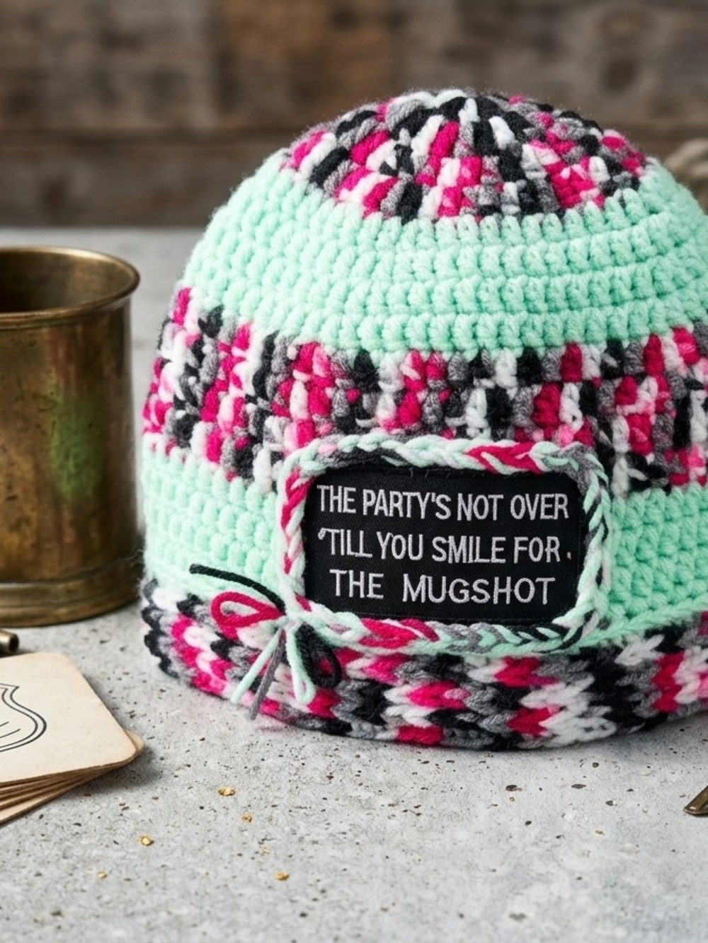 Adult Crochet Beanie Hat in Mint, Pink & Black - Fun Patch Crochet